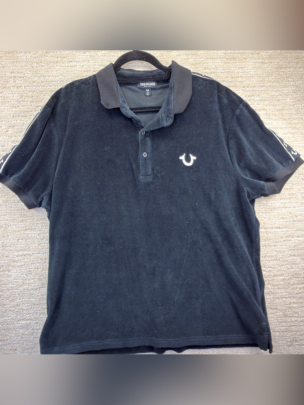 Like New True Religion Black Terry Cloth Polo Logo Tape Short Sleeve Shirt